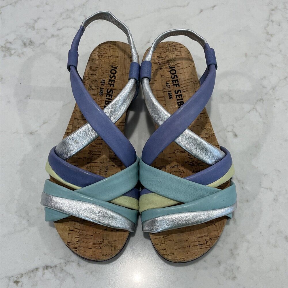 Josef Seibel Womens Leather Cork Sandals Blue Silver Strappy EU 37 6 - 6.5 NEW